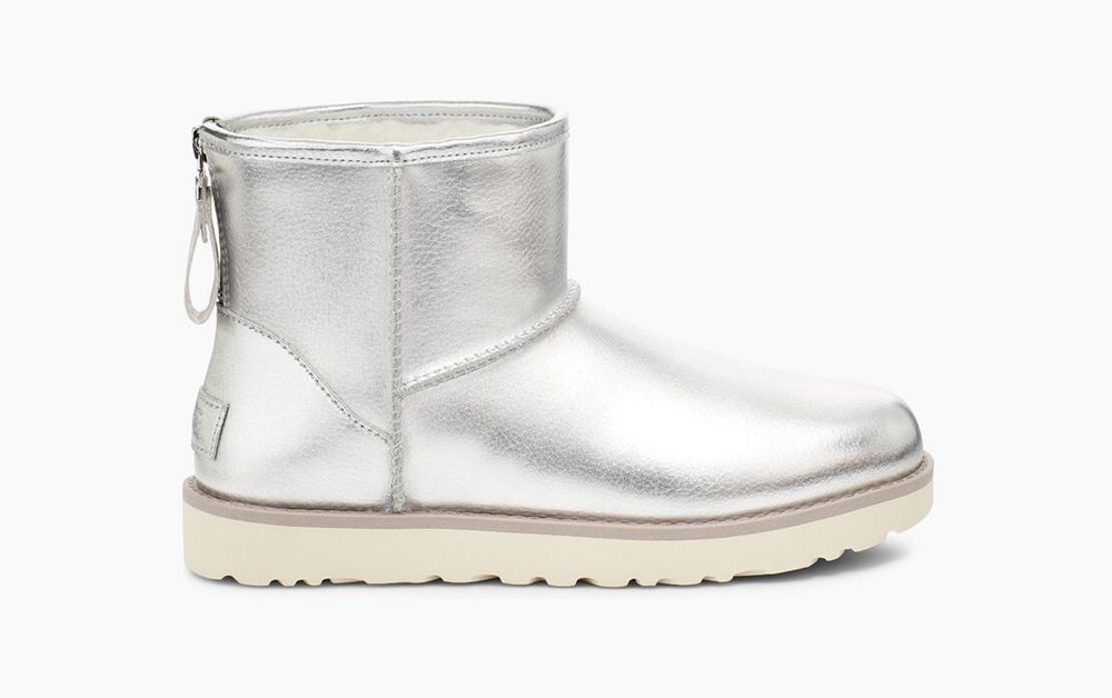 Ugg Classic Mini Logo Zip Shine - Womens Mini Boots - Silver - NZ (2765VTCEO)